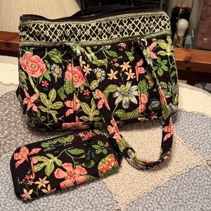 Floral Black and Green Tote Bag with Wallet